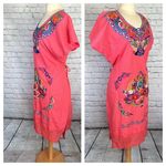 Mexican Embroidered Coral Floral Caftan Shift Oaxacan Peasant Boho Dress XL NWOT Orange Photo 10