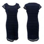 Sharagano  Dress Deep Navy Blue Lace Overlay Sequin Shimmer Chevron Pattern Sz 6 Photo 2