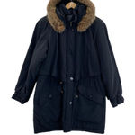 Gallery Vintage 80s  Coat Womens Medium Black Rayon Blend Raccoon Fur Trim‎ Hood Photo 0