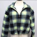American Eagle  Cropped Plaid Sherpa Pullover Fleece 1/4 Zip Green Medium  Photo 0