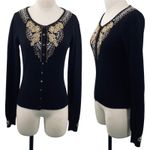 Vintage Y2k Beaded Cashmere Cardigan Button Front Black Gold Womens Small Photo 1
