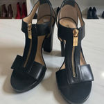 Michael Kors Black Gold Leather Platform Zip Heels Size 7 Photo 0