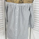 14th & Union ‎ Striped Button Back Off The Shoulder Shirt Grey White Medium Photo 0
