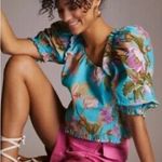 Anthropologie Love The Label Top Womens XL Blue Floral Puff Sleeve Asymmetrical Blue Photo 1