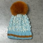 Free People  Happy Trails Beanie Winter Hat Blue Brown Puff Faux Fur Photo 2