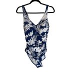 B2PRITY Navy White Tropical Floral Ruched One Piece Swimsuit Women's Small Blue Photo 5