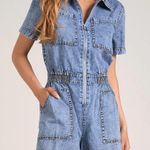 Elan  NTW Small Light Acid Wash Denim Short Sleeve Romper Elastic Waist Photo 1
