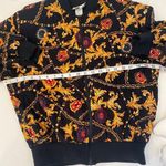 First Option Vintage Status Print Quilted Zipper Jacket EUC Sz M Rayon Gold Blk Size M Photo 7