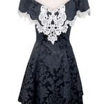 Gunne Sax  Vintage 80s Gothic Dress Black Jacquard White Lace Off Shoulder 7/8 Photo 9