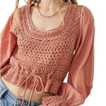 Free People NWT  Boho Puff Sleeve Megan Crocheted Cropped Top Coral Shirt XS $128 Photo 0
