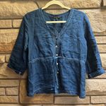 Eileen Fisher  Short Sleeve Linen Blend Tie Waist Top Blue Chambray P petite Photo 0