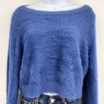Natural Life Blue Fuzzy Cropped Sweater Boat Neck Long Sleeve Womens XL Photo 2