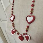Red white faux pearl gold tone heart beaded necklace Photo 6