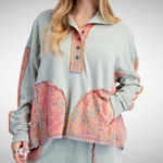 easel  Oversized Flower Patchwork Mock Neck Terry Knit Top in Sage Size S Photo 0