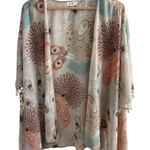 Umgee  Boho size S/M Oversized Peacock Feather Tribal Pom Pom Open Duster Topper Photo 0