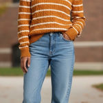 Ralph Lauren Lauren  Cable Knit Long Sleeve V Neck Sweater Orange Stripe Medium # Photo 0