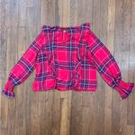 Kensie   Long Bell Sleeve Red Shoulder Ruffle Plaid Blouse Women’s Size Medium Photo 9