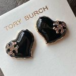 Tory Burch New  Heart design Stud Earrings; Black Enamel & Gold w/TB Earring Card Photo 1