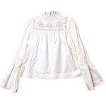 Boho Peasant Shirt Womens XS White Cotton Lace Bell Sleeve Mock Neck Eyelet Photo 2