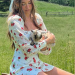 We Wore What  Dress 6 White Red Long Sleeve Roses Floral Puff Sleeve Cowl Photo 0