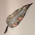 Vintage Satin Textured Silver Tone Blue CZ Rhinestone Leaf Brooch Shoulder Pin Photo 0