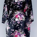 Silky Satin Robe Floral Pattern Kimono Short Black Size Small Photo 3