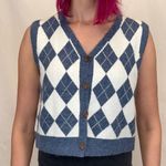 Unbranded Womens Crop Argyle Sweater Vest Blue White V Neck 4 Button L LG Large Photo 0