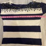 Loft Ann Taylor  Navy Blue and Cream Horizontal Stripe Long Sleeve Sequin Shirt Photo 9