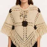 American Vintage Vintage 1970s Handmade Crochet Poncho with Mushroom Tassel Ties & Fringe S-M Photo 0
