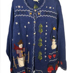 Quacker Factory Blue Knit Holiday Christmas Snowman Cardigan Size XL Photo 0
