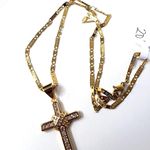 Cross Pendant with CZ Stones 20" Jesus Chain Gold Plated Steel New Photo 1