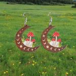 Moon‎ & mushrooms wooden drop dangle earrings Brown Photo 1