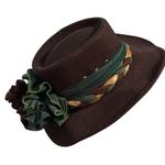 VTG Pigalle Black Felt Hat Braided Scarves Knit Flowers Size 6 7/8 Black/Teal Photo 2