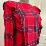 Kensie   Long Bell Sleeve Red Shoulder Ruffle Plaid Blouse Women’s Size Medium Photo 6