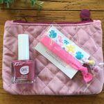 Velvet Quilted Cosmetic Bag with Two Hair Ties and Nail Polish Pink Photo 0