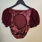 Free People  Crop Top Velvet Burgundy Short Sleeve Open Back Ruched Soft Casual Photo 2