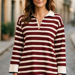 Dokotoo 2XL Striped Knit Tunic Top Burgundy Cream Quarter Zip Long Sleeve Red Size XXL Photo 0