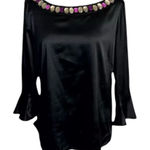 ECI  New York Black Soft Satin Rhinestone Bell-Sleeve Blouse Size L Stretch Zip Photo 0