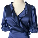 Hill House Nima Silk Ruffle Wrap Mini Dress in Navy Blue Size Medium Photo 2