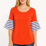 Women's Betsey's Boutique Shop Short Sleeve Tee S Orange Blue Striped Photo 0