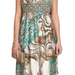 Animal Print Maxi Dress S Beaded Halter Brown Teal Flowy Mobwife Charmeuse Size 6 Photo 0