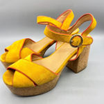 Anthropologie Anthropolgie 37 6.5 Sandals Yellow Suede Cork Platform Block Heel Buckle Retro Photo 0