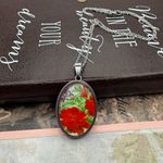Handmade Red Floral Statement Pendant Necklace | Stainless Steel 18” Photo 3