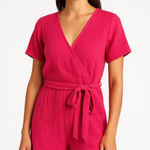 Monrow Romper Pink Soft Guazy Short Sleeves Sash Tie Organic Cotton Size Medium‎ Photo 0