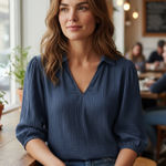 Bishop and Young NWT  Blue Sophia‎ Bubble Sleeve Pleated Blouse with Notched Collar Photo 0