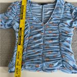 ZARA Baby Blue Pink Floral Mesh Rusched V Neck Elbow Sleeve Top Size Small Photo 8