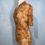 Reba  Orange Print Faux Wrap Scrunched Side Stretch Knit Short Sleeve Blouse Med Photo 5