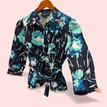 Jones New York floral watercolor belted button front blouse cotton mermaid fairy Photo 1