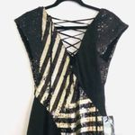 Bebe Dress S NWT Sequin Asymmetrical Sheer Lace Up Holiday New Years Gold Photo 3
