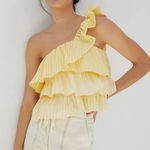 Anthropologie  Maeve One Shoulder Blouse Striped Ruffled Cotton Yellow, Sz M Photo 0